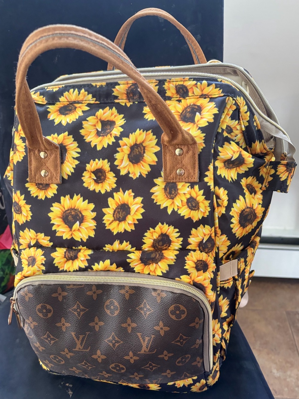 Sunflower Print Tote Backpack - Brown Sunflower